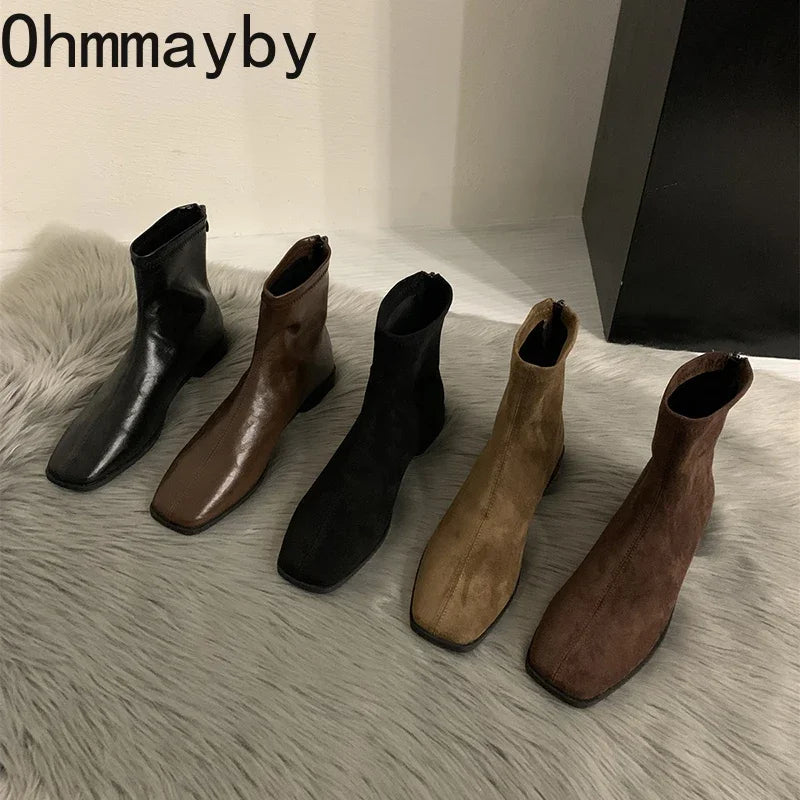 2026 Spring Autumn Women Modern Ankle Boots Fashion Square Toe Short Booties Ladies Casual Low Heel Shoes