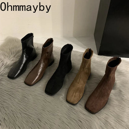 2026 Spring Autumn Women Modern Ankle Boots Fashion Square Toe Short Booties Ladies Casual Low Heel Shoes