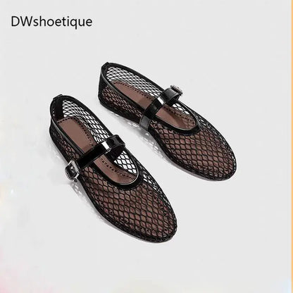 Fashion women mesh ballet falts round toe buckle strap pumps