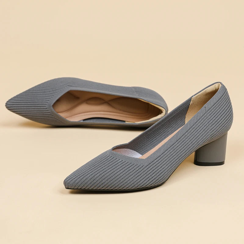 Women's high heels, pointed knit breathable and comfortable shoes (5cm high), new for autumn 2024