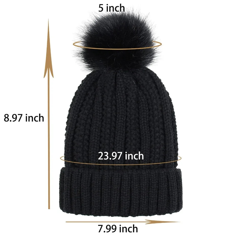Satin Lined Winter Hat Beanie For Women Men, Knitted Wool Crochet Cap With Fashion Fur Ball Pompom Winter Stretchy Warm Hat