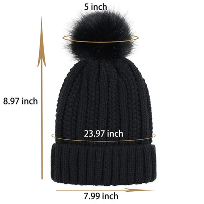Satin Lined Winter Hat Beanie For Women Men, Knitted Wool Crochet Cap With Fashion Fur Ball Pompom Winter Stretchy Warm Hat