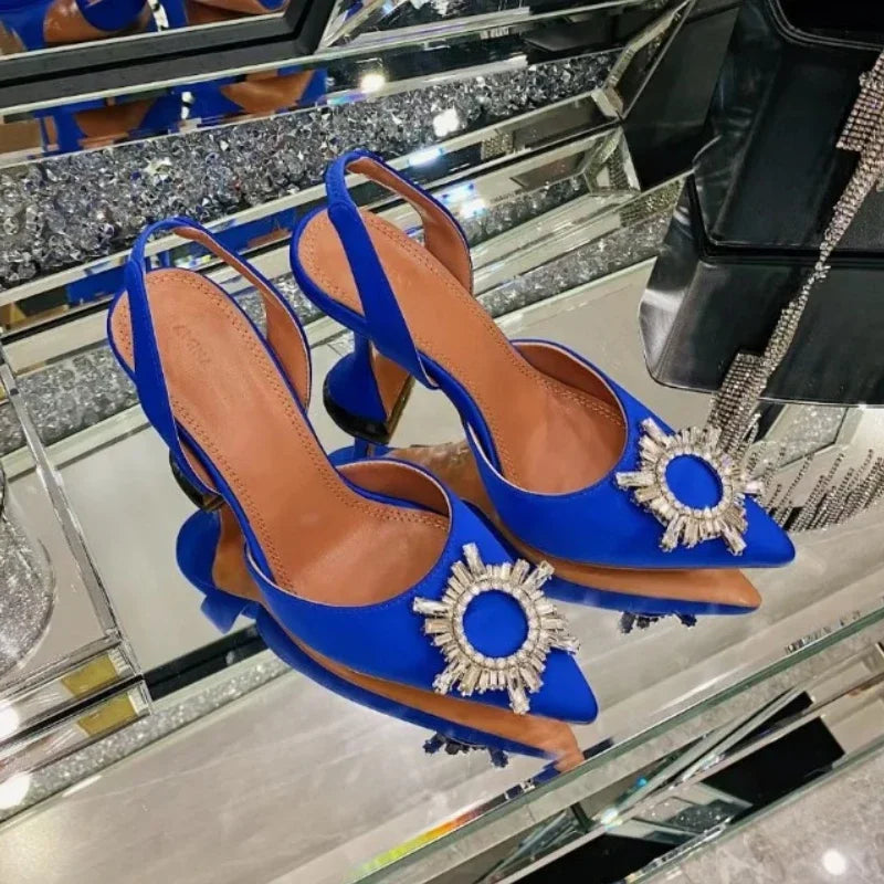 2026 Spring Autumn EU US Satin Slingback Women Sandals Pointed Flared Heels Sun Rhinestone Crystal Wedding Party Dress Heels