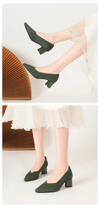 Women's high heels, pointed knit breathable and comfortable shoes (5cm high), new for autumn 2024