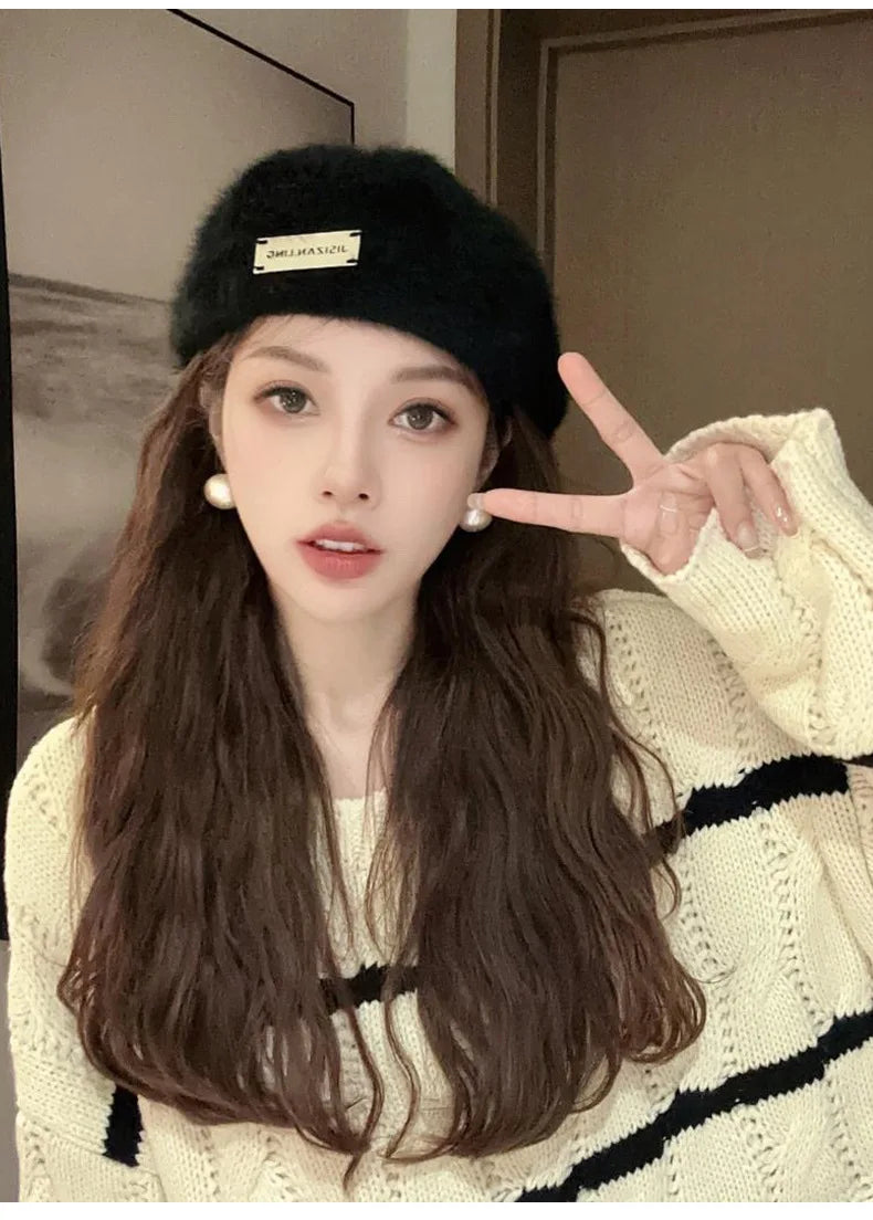 Women Reversible Rabbit Fur Beret Winter Warm Double Sided Knit Hat Retro Painter Cap for Oval Round Face