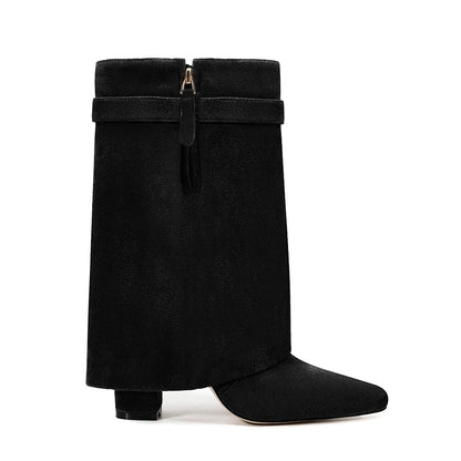 Autumn Winter New Pointed Metal Buckle Knee High Women's Boots, Thick High-heeled Pants Boots, Fashionable Mid Leg Boots