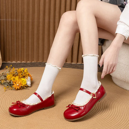 Spring Autumn Pink White Mary Janes Flat Shoes Woman Round Toe Buckle Strap Lolita Girls Student Ballet Flats Plus Size