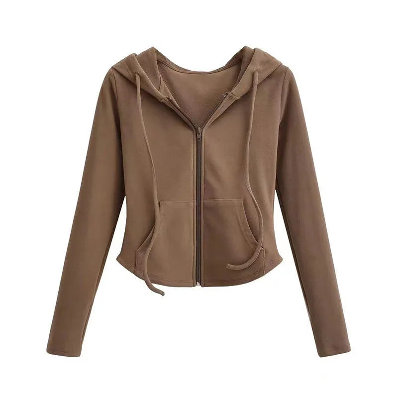 Lucyever Cropped Hooded Zip-Up Jacket Women Autumn New Slim Long Sleeve Y2K Sweatshirts Female Solid Streetwear Sports Hoodies