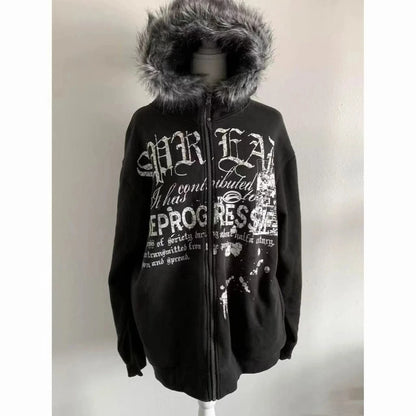 Grey Faux Fur Wool Double Zipper Jacket Hoodies Women's Slim Waist Hooded Vintage Y2k Coats Ropa Mujer Casual Fashion Sweatshirt