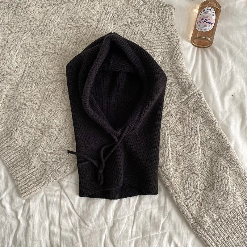 Knitted Hooded Caps Winter Balaclava Hats Women Outdoor Warmer Drawstring Hats One-piece Neck Collar Beanies Cap