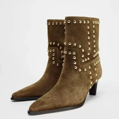 Spring/Autumn 2025 New Retro Women's Shoes Brown Studded Suede Thin Heel Pointed Toe Booties Knight Boots