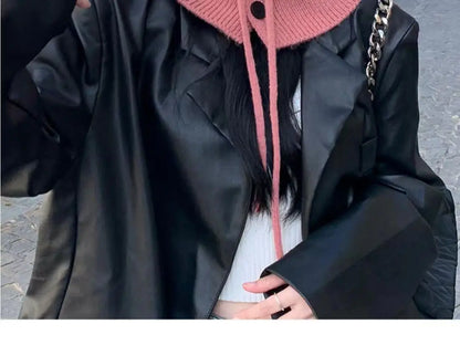 Knitted Hooded Caps Winter Balaclava Hats Women Korean Style Outdoor Warmer Drawstring Hats One-piece Neck Collar Beanies Cap
