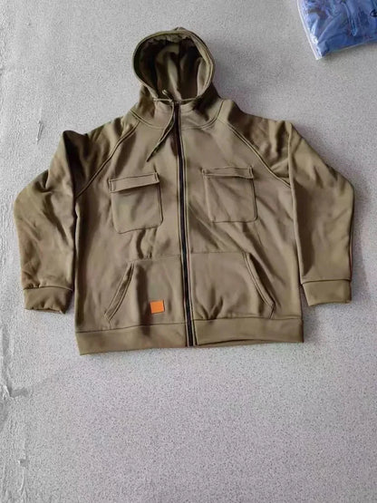 New Autumn Winter Men's Hooded Solid Hoodies Jackets Multi Pockets Male Zipper Sweatshirts Sports Outdoor Casual Hoodie Coat