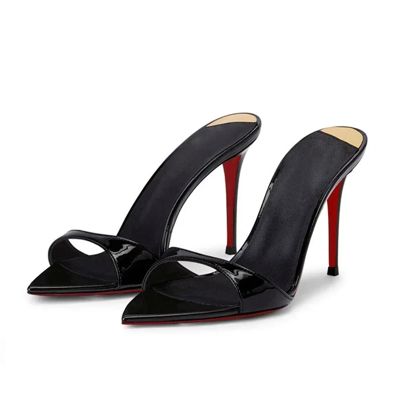 Pointed black nude high heels, women's super high heels, sandals, slim heels, temperament, wearing half slippers 33-46