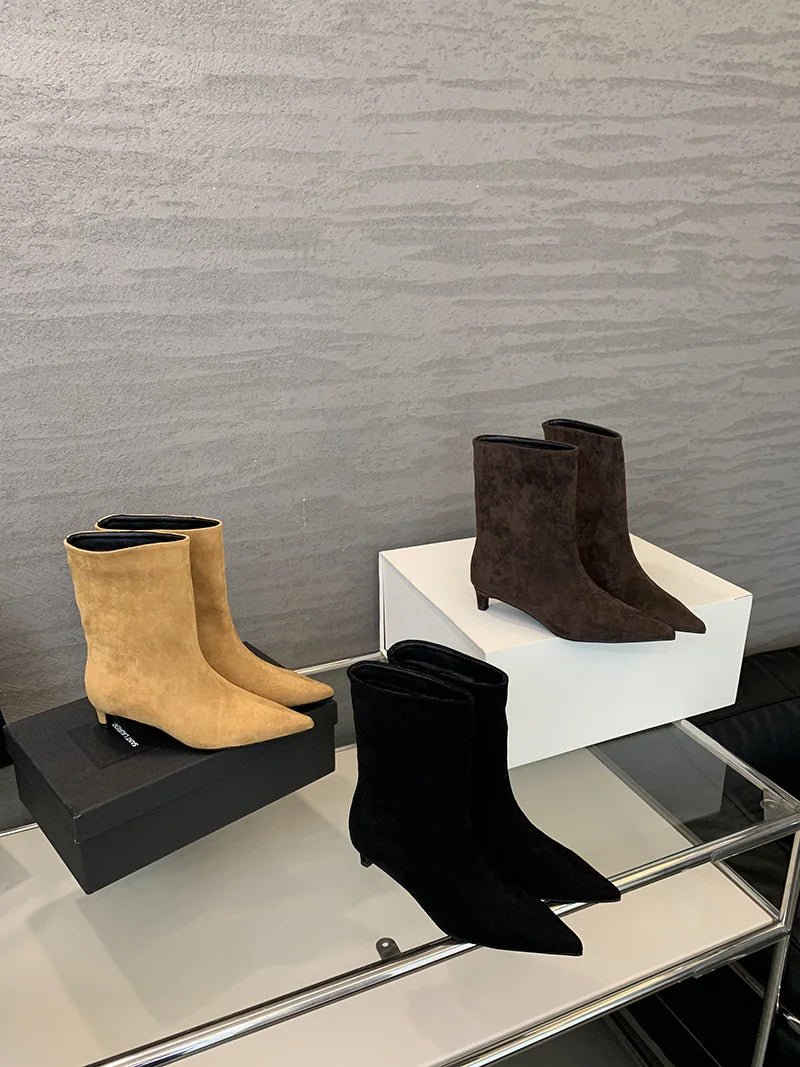 Autumn Winter Pointed Toe Ankle Boots Women Designer Vintage Thin Low Heel Shoes Modern SHort Botas Zapatos De Mujer