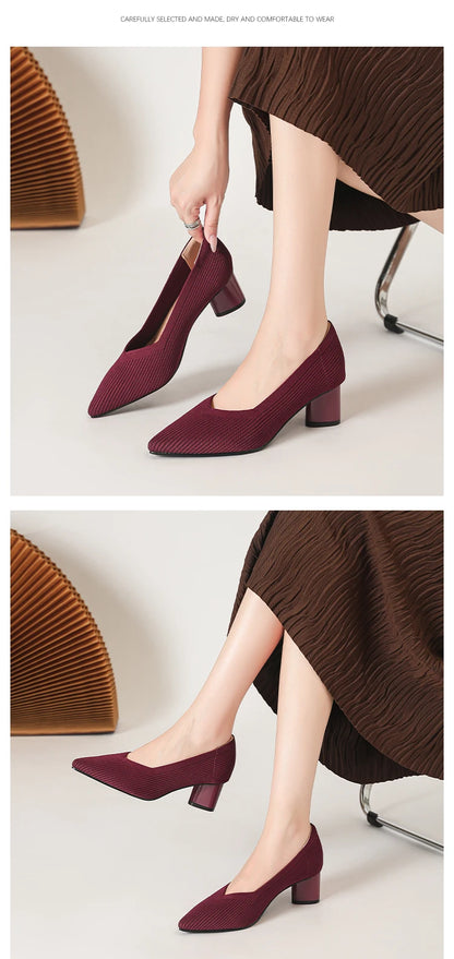 Women's high heels, pointed knit breathable and comfortable shoes (5cm high), new for autumn 2024