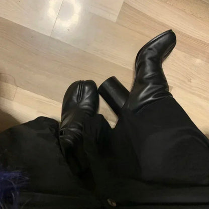Luxury Brand Design Leather Tabi Boots Fashion Round Chunky High Heel Ankle Boots For Women Autumn Winter Split Toe Shoes
