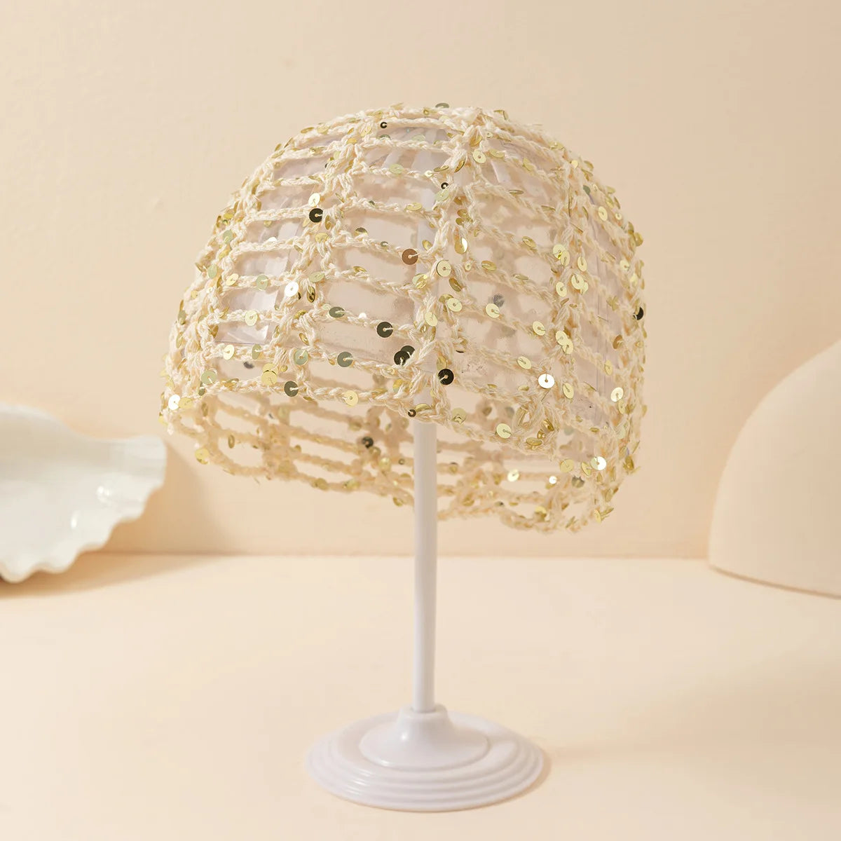 2026 New Korean Version Y2K Sequined Hollow Pullover Hat Women Summer Fishnet Knitted Hood Shiny Beanie Seaside Crochet Hat