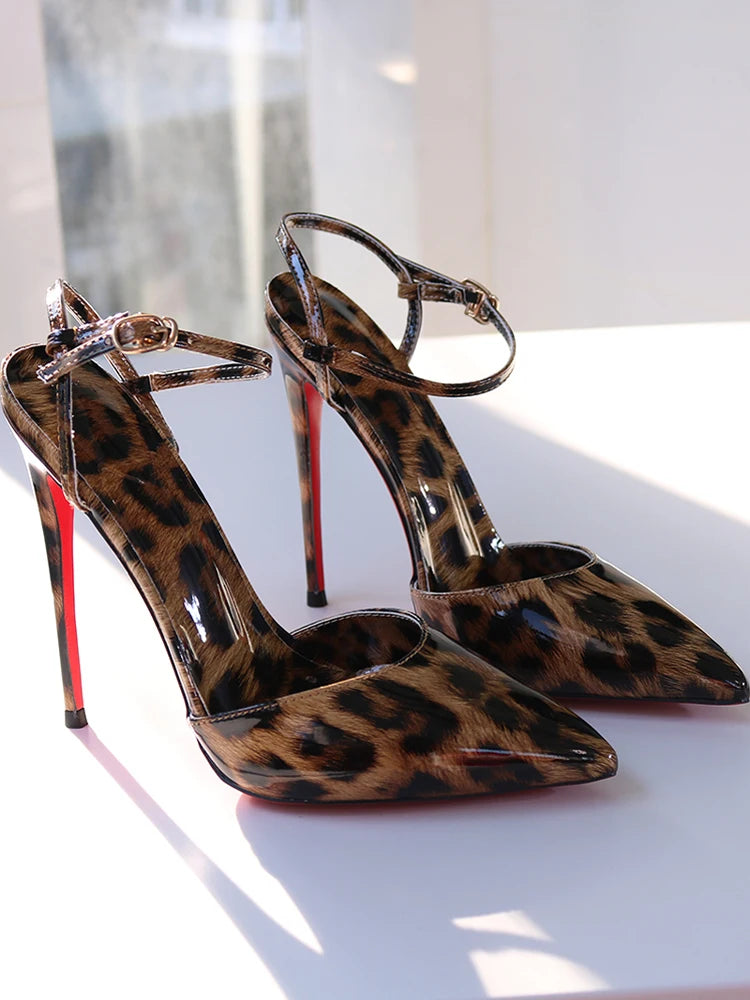 Red Background Leopard Print High-heeled Sandals with A Straight Buckle Thin Heel Pointed Toe Fashionable and Sexy Big Size 12CM