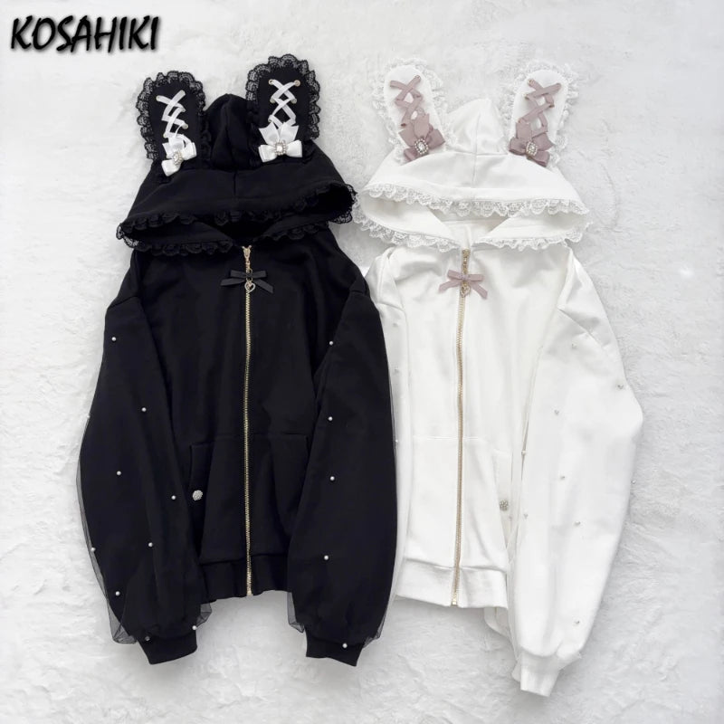 Japanese Pearl Gauze Patchwork Coats Women Y2k Aesthetic Lace Rabbit's Ears Jackets Casual Oversized Harajuku Kawaii Hoodies Top