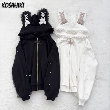 Japanese Pearl Gauze Patchwork Coats Women Y2k Aesthetic Lace Rabbit's Ears Jackets Casual Oversized Harajuku Kawaii Hoodies Top