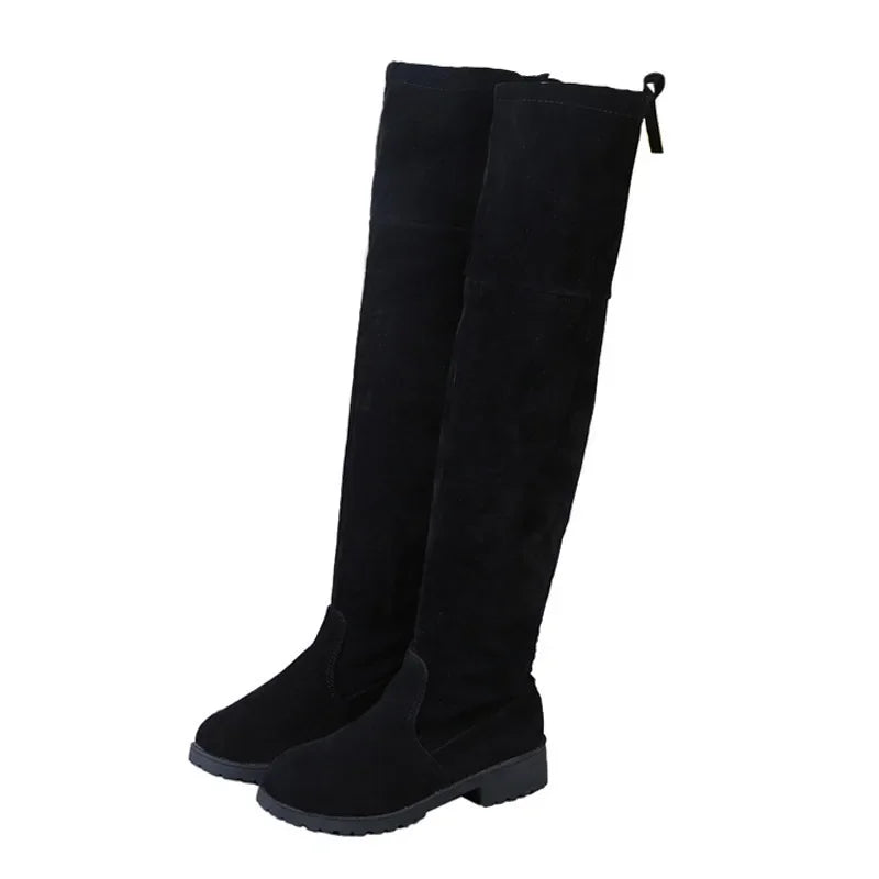 2025 Faux Suede Female Heels Autumn Winter Elastic Knee-high Boots for Women Tube Lace-up Thigh Boots Black Botas