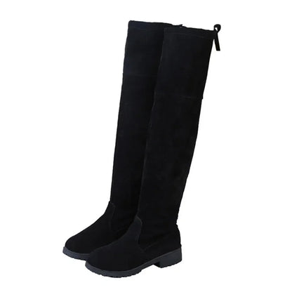 2025 Faux Suede Female Heels Autumn Winter Elastic Knee-high Boots for Women Tube Lace-up Thigh Boots Black Botas