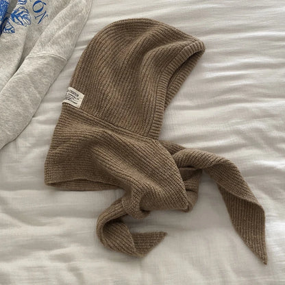 Winter Y2K Wool Knitted Balaclava Hat Fashion Fake Collar Shawl Hooded Hat Outdoor Pullover One-piece Neck Collar Warm Beanies