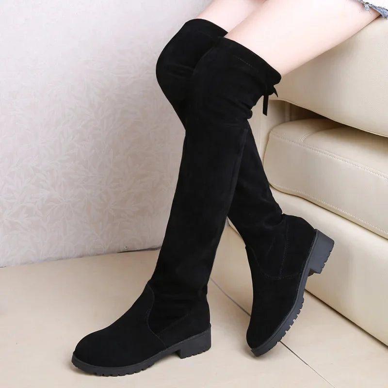 2025 Faux Suede Female Heels Autumn Winter Elastic Knee-high Boots for Women Tube Lace-up Thigh Boots Black Botas