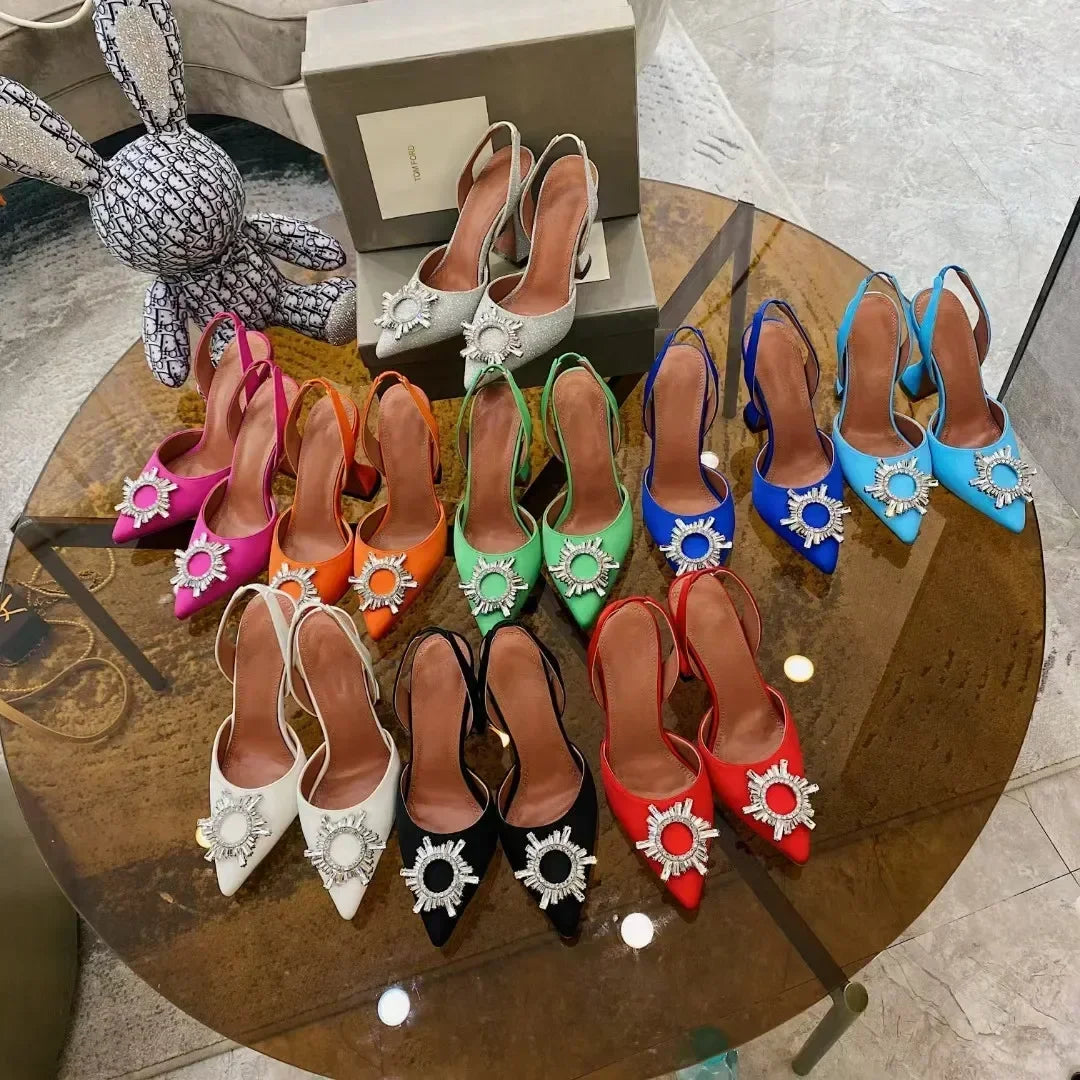 2026 Spring Autumn EU US Satin Slingback Women Sandals Pointed Flared Heels Sun Rhinestone Crystal Wedding Party Dress Heels