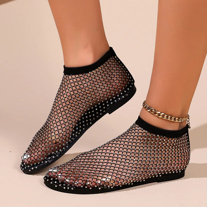 New Women's Luxury Brand Round Toe Flat Bottom Sandals Summer Hollow Short Boots Water Diamond Sexy Flat Bottom Shoes Sandals