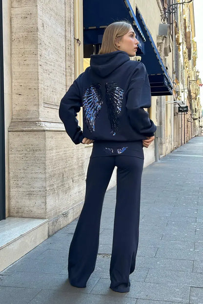 Women Fashion Sequin Angel Wings Printed Hoodies Casual Long Sleeved Hooded Solid Color Tops 2025 New High Street Y2k Outwear