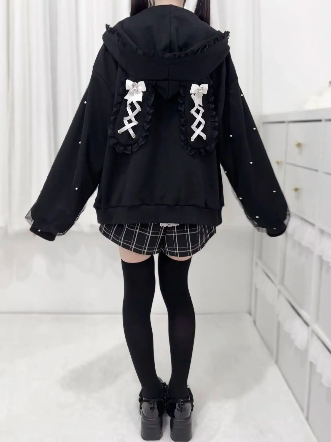 Japanese Pearl Gauze Patchwork Coats Women Y2k Aesthetic Lace Rabbit's Ears Jackets Casual Oversized Harajuku Kawaii Hoodies Top