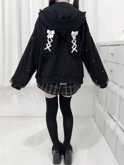 Japanese Pearl Gauze Patchwork Coats Women Y2k Aesthetic Lace Rabbit's Ears Jackets Casual Oversized Harajuku Kawaii Hoodies Top
