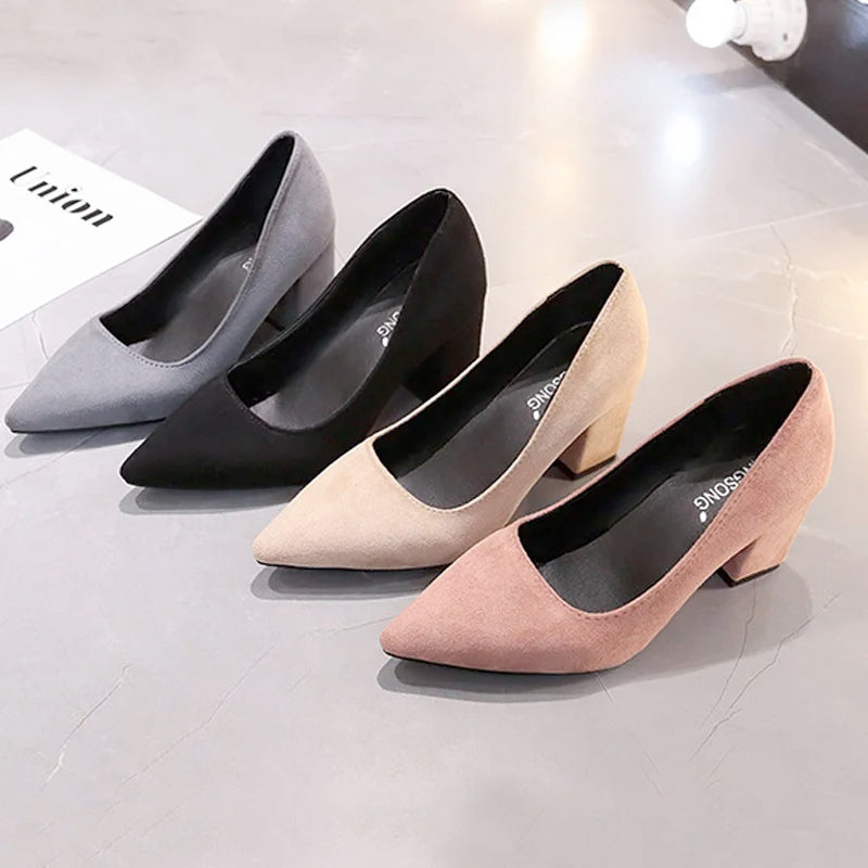 Autumn Shoes Woman Pumps Low Thick Heels Comfortable Women Work Shoes Flock Round Toe Casual Ladies Shoe sapato feminino WSH3183