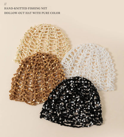 2026 New Korean Version Y2K Sequined Hollow Pullover Hat Women Summer Fishnet Knitted Hood Shiny Beanie Seaside Crochet Hat
