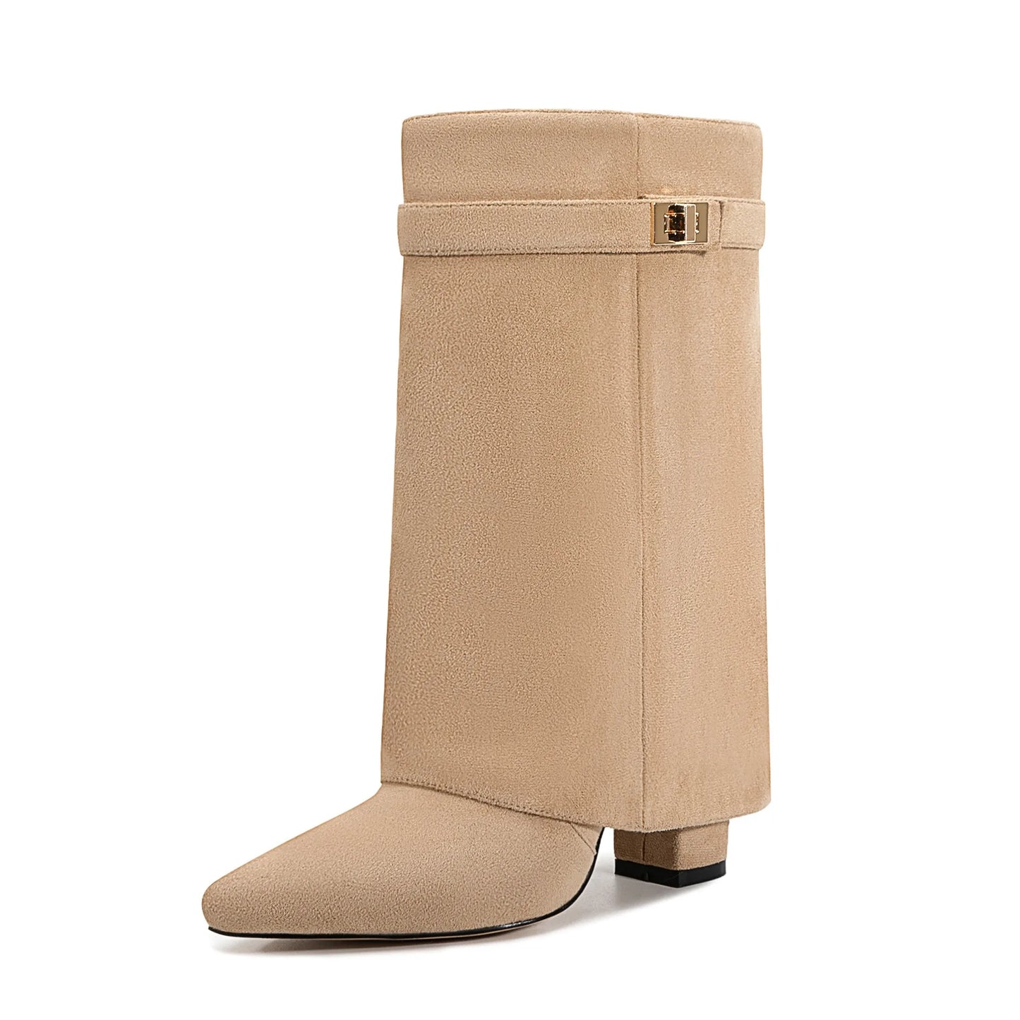 Autumn Winter New Pointed Metal Buckle Knee High Women's Boots, Thick High-heeled Pants Boots, Fashionable Mid Leg Boots