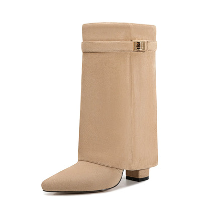 Autumn Winter New Pointed Metal Buckle Knee High Women's Boots, Thick High-heeled Pants Boots, Fashionable Mid Leg Boots