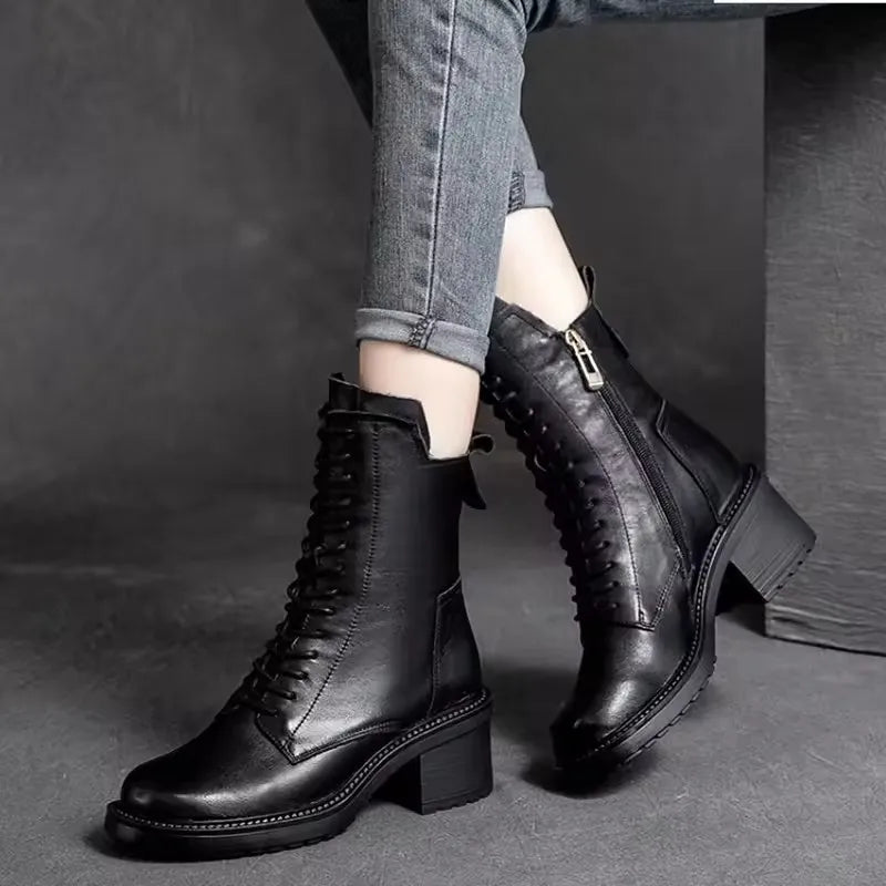 GKTINOO 2026 Cow Leather Quality Women Shoes Autumn Winter Square Med Heel Ankle Boots Lace Up Zipper Ladies Pumps Size 35-40
