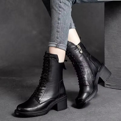 GKTINOO 2026 Cow Leather Quality Women Shoes Autumn Winter Square Med Heel Ankle Boots Lace Up Zipper Ladies Pumps Size 35-40