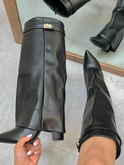 Autumn Winter New Pointed Metal Buckle Knee High Women's Boots, Thick High-heeled Pants Boots, Fashionable Mid Leg Boots