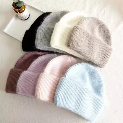 Women's Winter Hats Soft Knit Beanie Warm Rabbit Fur Cute Solid Color Slouchy Cap Casual Outdoor Fashion Solid Adult Cover Head