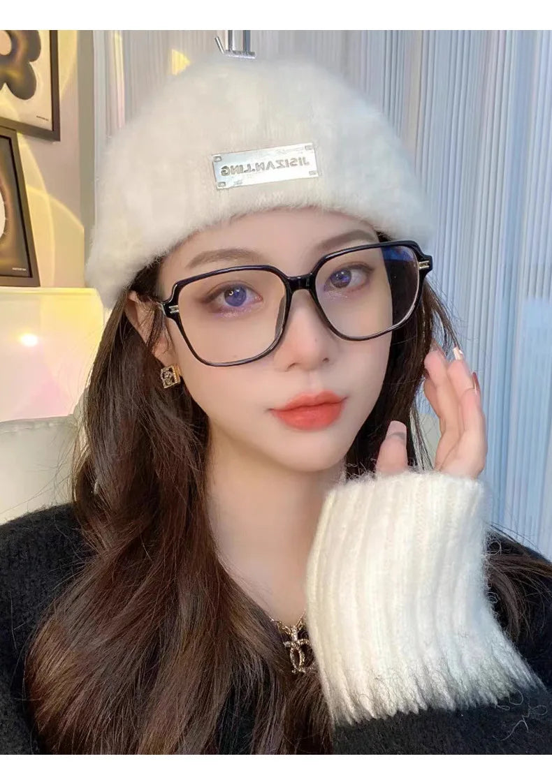 Women Reversible Rabbit Fur Beret Winter Warm Double Sided Knit Hat Retro Painter Cap for Oval Round Face