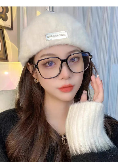 Women Reversible Rabbit Fur Beret Winter Warm Double Sided Knit Hat Retro Painter Cap for Oval Round Face