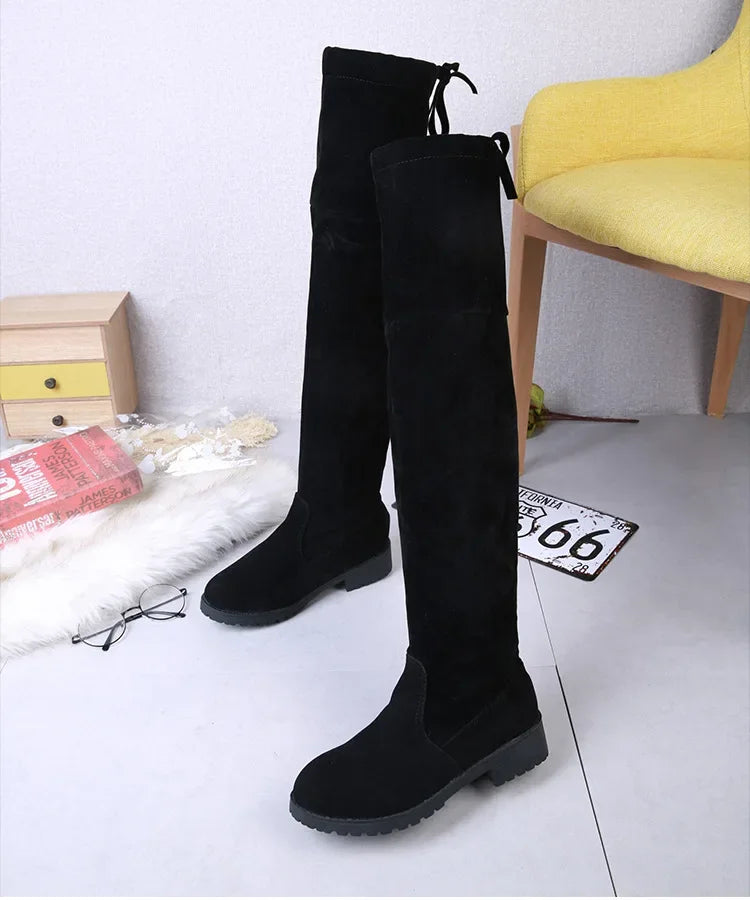 2025 Faux Suede Female Heels Autumn Winter Elastic Knee-high Boots for Women Tube Lace-up Thigh Boots Black Botas