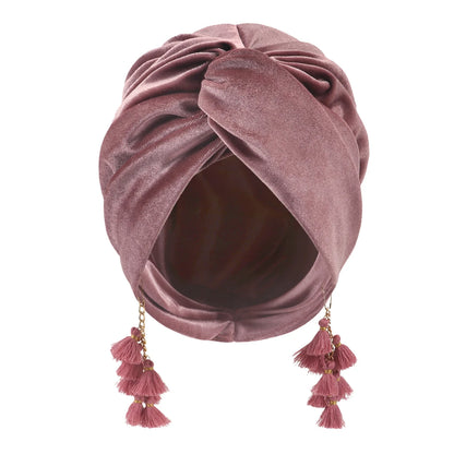 New Muslim Women Velvet Tassel Turban Hat Soft Stretch Bohemian Cross Pullover Bandana Headband Beanie Cap Islamic Head Wrap