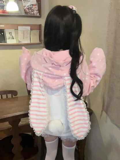 Japanese Kawaii Rabbit's Ears Hoodies Loose Polka Dot Patchwork Women Grunge Hoody Y2k Aesthetic Fairy Strawberry Sweatshirt