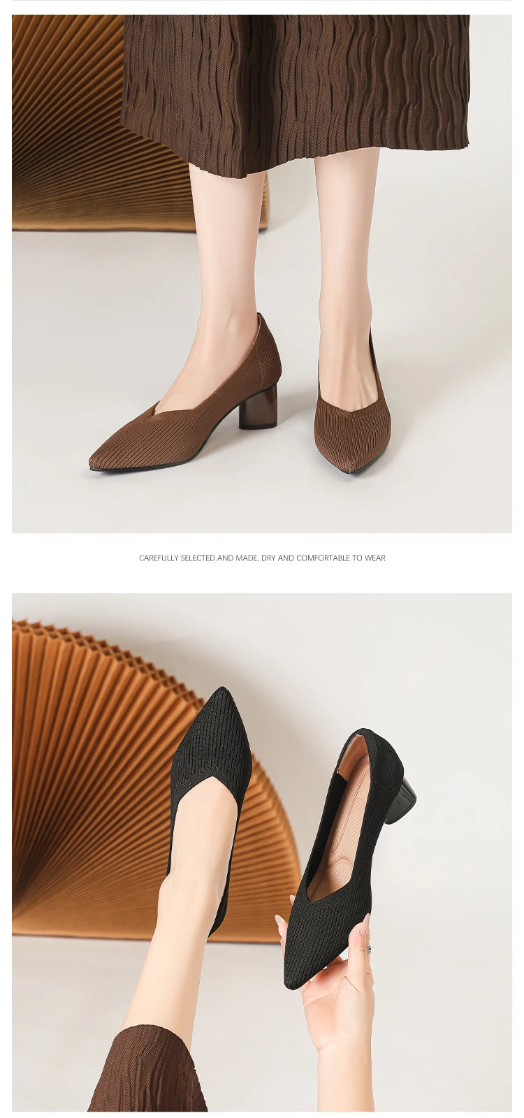 Women's high heels, pointed knit breathable and comfortable shoes (5cm high), new for autumn 2024