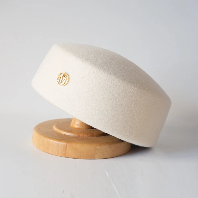 Women Wool Felt Berets Hat Vintage Hard Top Concave Top Fedoras Hats Wedding Fascinator Hats Wedding Cocktail Party Pillbox Cap