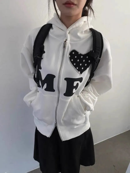 Light Colour Vintage Patch Double Zip Up Cardigan for Women Harajuku Design Korean Style Letter Jacket Aesthetic Hoodies